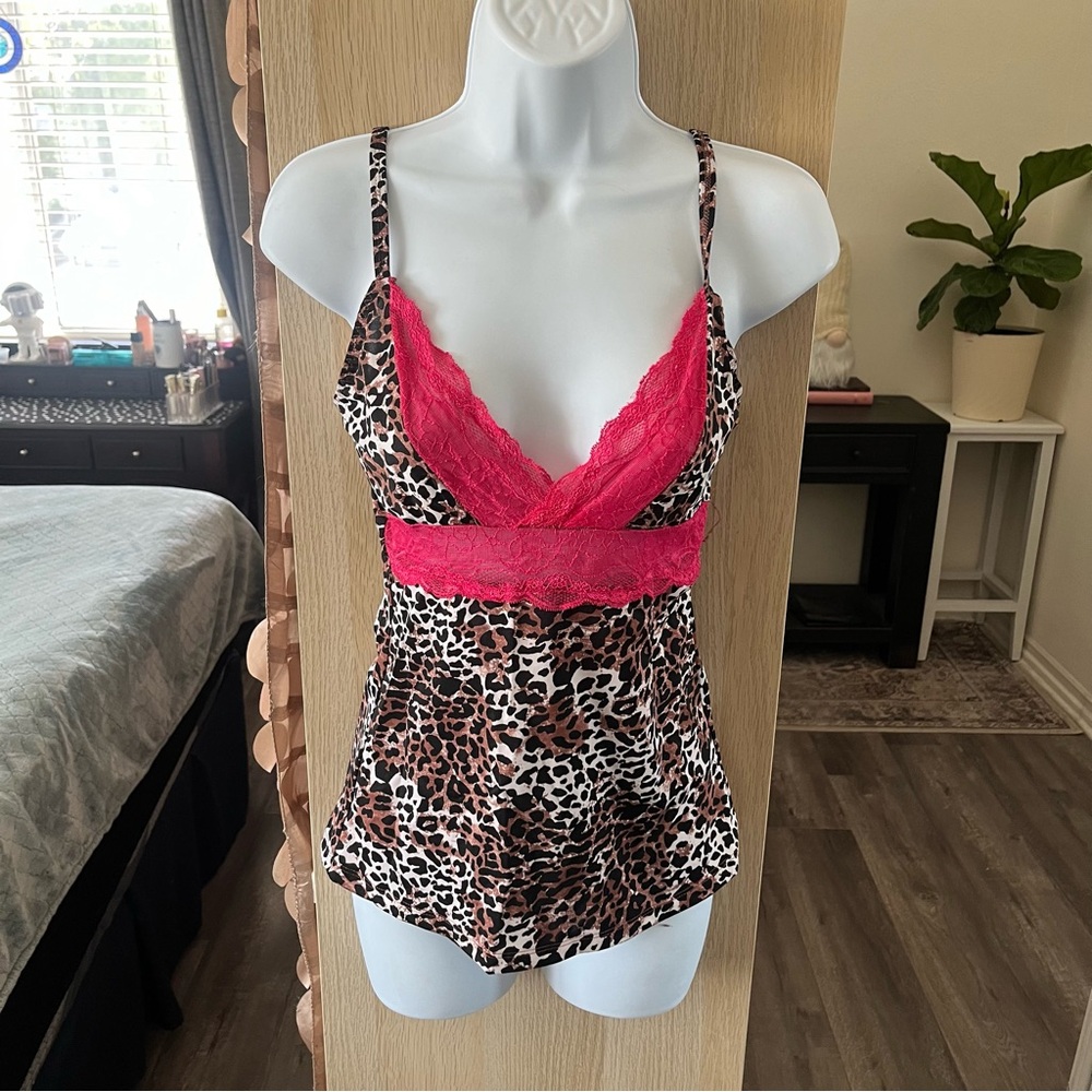Joe Boxer Womens Leopard Print Camisole Pink Lace Trim V-Neck Tank Top Medium